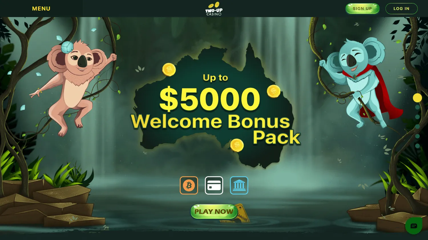 Two Up Casino home screen on desktop