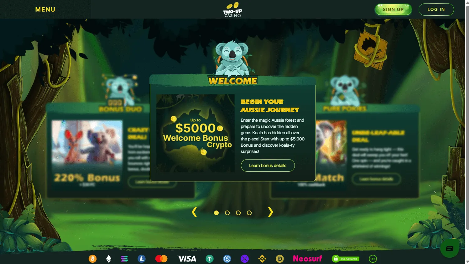 Two Up Casino promotions area on desktop